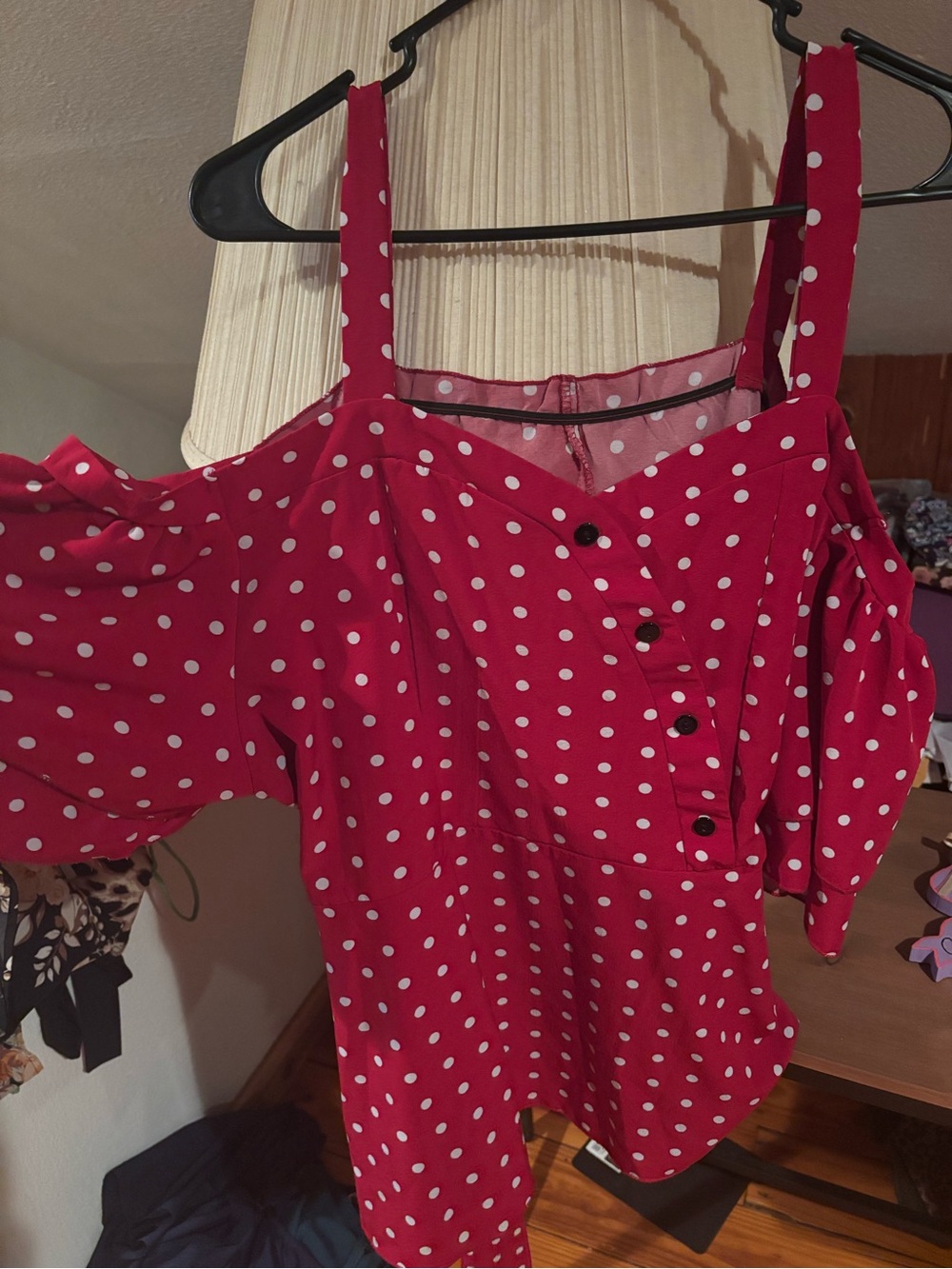 SHEIN Red Polka Dot Off-Shoulder Button Front Blouse